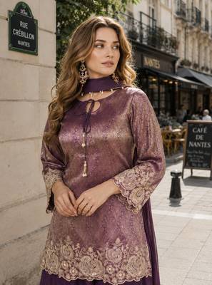 purple chinon free size stitched plazzo suit with embroidery work 2