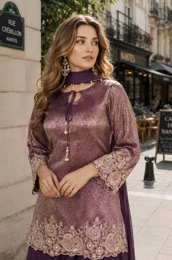 purple chinon free size stitched plazzo suit with embroidery work