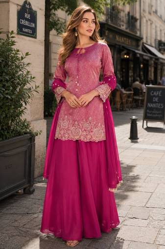 magenta chinon free size stitched plazzo suit with embroidery work