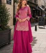 magenta chinon free size stitched plazzo suit with embroidery work