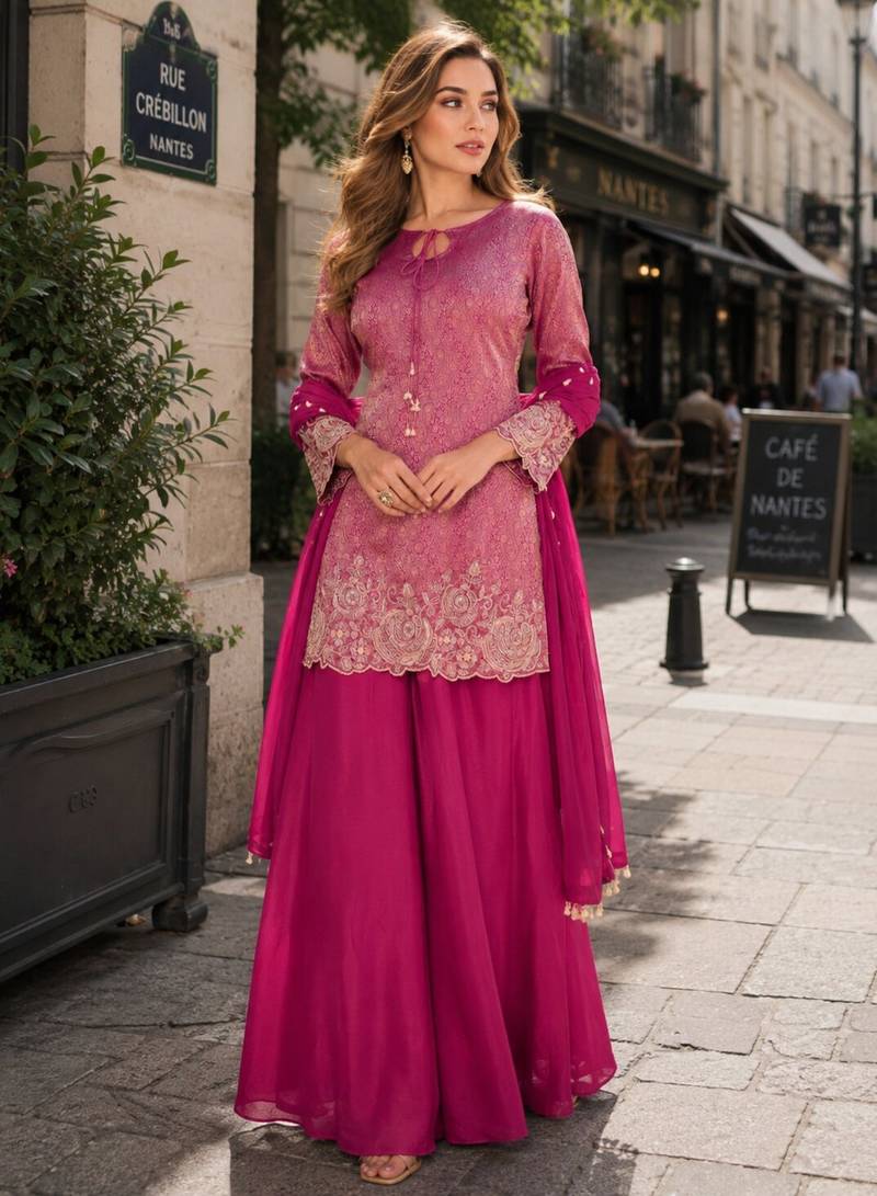 magenta chinon free size stitched plazzo suit with embroidery work