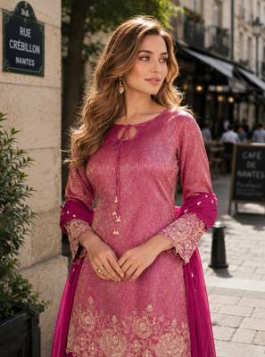 magenta chinon free size stitched plazzo suit with embroidery work 2