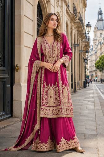 rani chinon readymade plazzo suit with embroidery sequence work