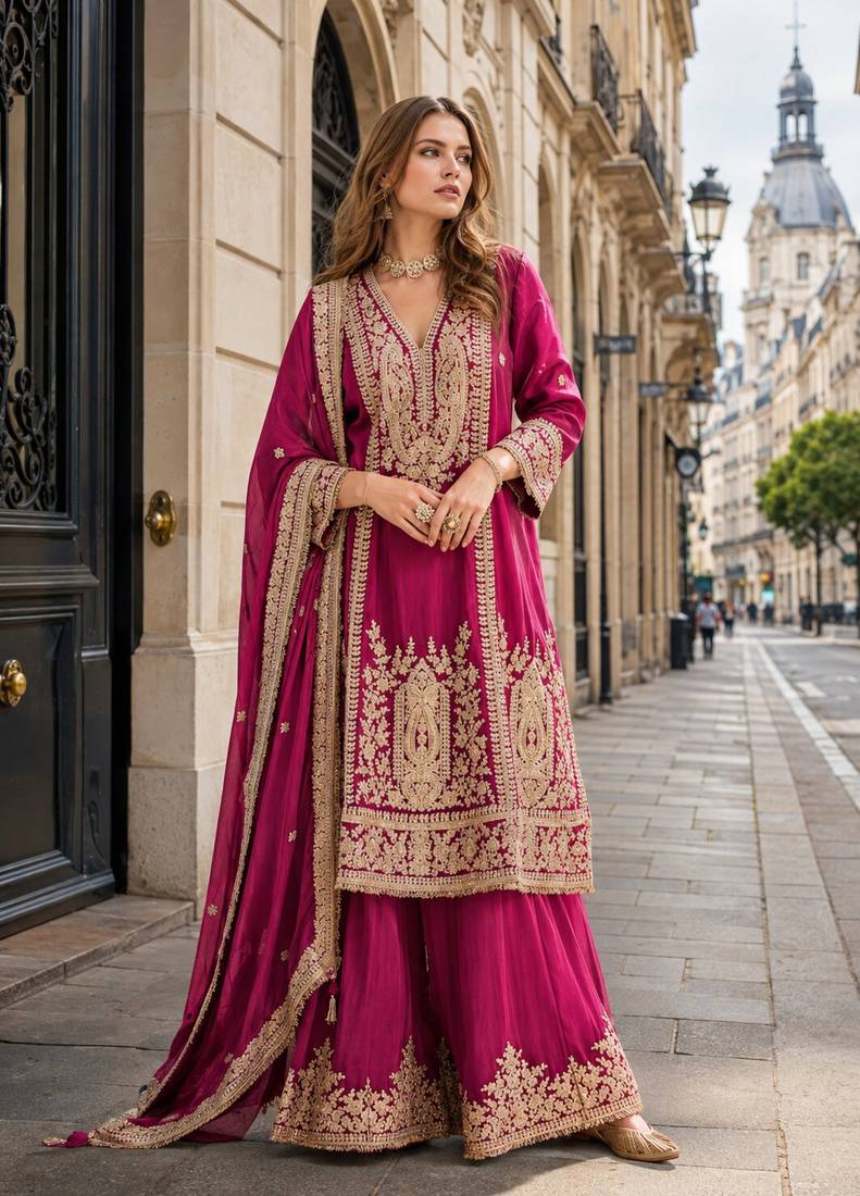 rani chinon readymade plazzo suit with embroidery sequence work