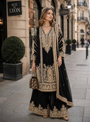 black chinon readymade plazzo suit with embroidery sequence work 1