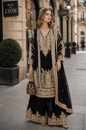 black chinon readymade plazzo suit with embroidery sequence work