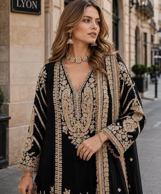 black chinon readymade plazzo suit with embroidery sequence work 2