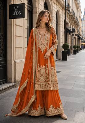 orange chinon readymade plazzo suit with embroidery sequence work 1