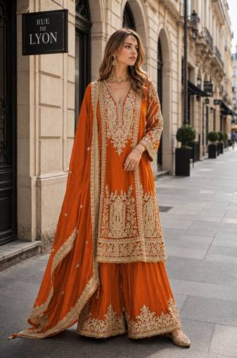 orange chinon readymade plazzo suit with embroidery sequence work