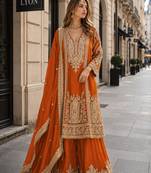 orange chinon readymade plazzo suit with embroidery sequence work