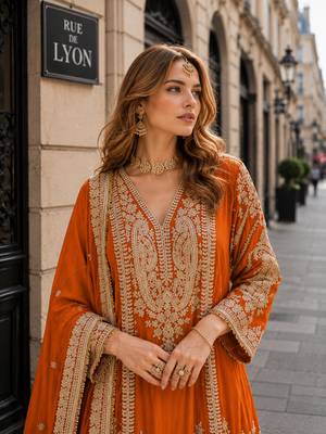orange chinon readymade plazzo suit with embroidery sequence work 2
