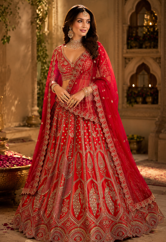 Red color Zari Work Dori Embroidered Metalic SequinsCrystal work silk blend lehenga choli set