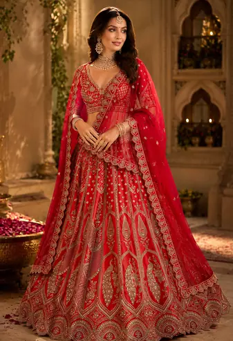 Red color Zari Work Dori Embroidered Metalic SequinsCrystal work silk blend lehenga choli set