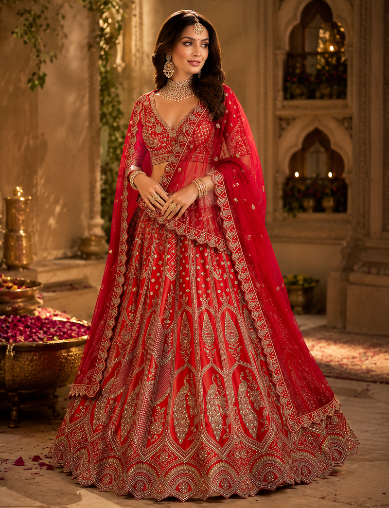 Red color Zari Work Dori Embroidered Metalic SequinsCrystal work silk blend lehenga choli set