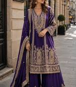 violet chinon readymade plazzo suit with embroidery sequence work