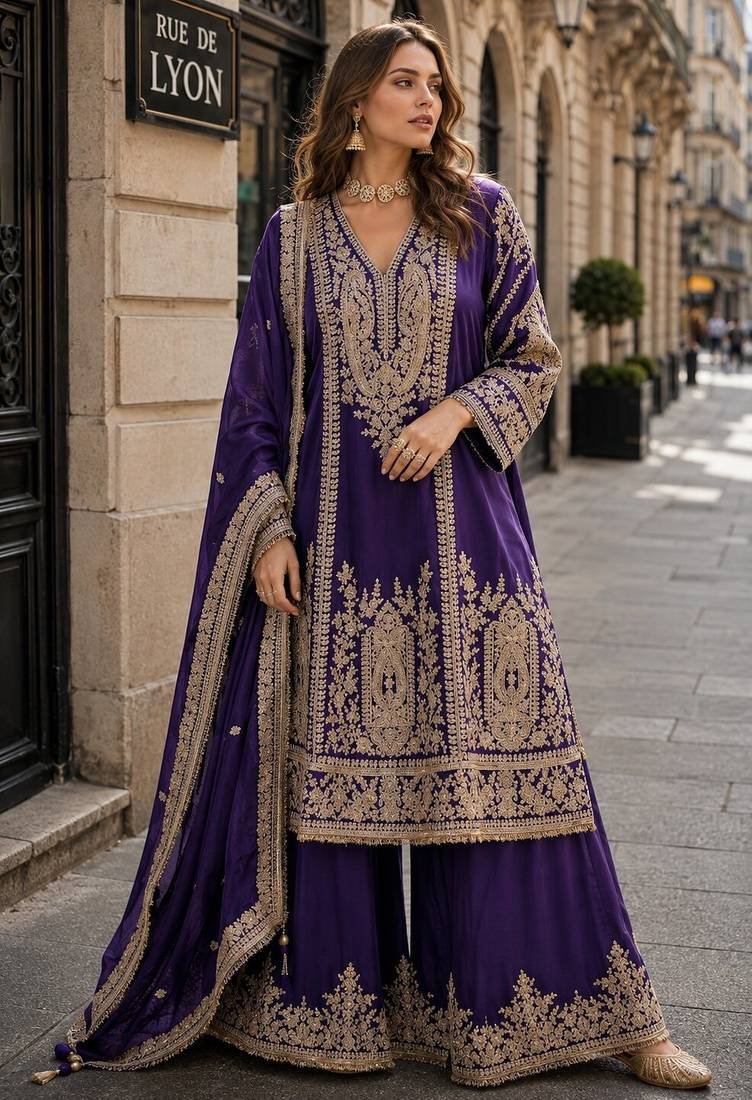 violet chinon readymade plazzo suit with embroidery sequence work