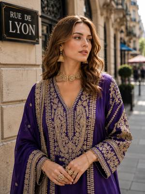 violet chinon readymade plazzo suit with embroidery sequence work 2