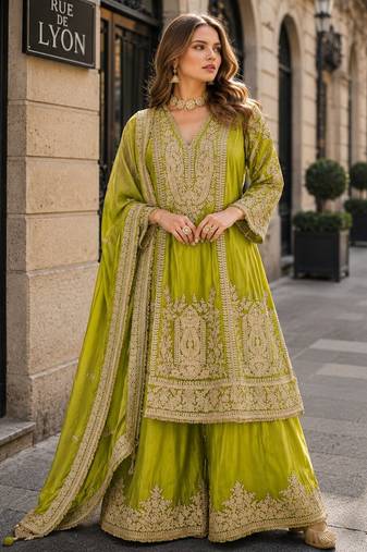 olive chinon readymade plazzo suit with embroidery sequence work