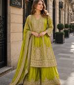 olive chinon readymade plazzo suit with embroidery sequence work