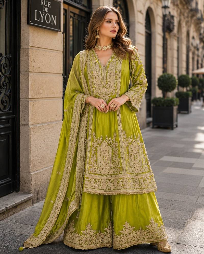olive chinon readymade plazzo suit with embroidery sequence work