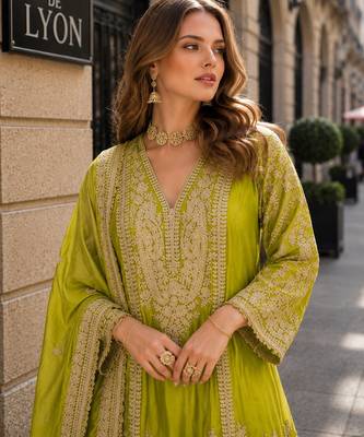 olive chinon readymade plazzo suit with embroidery sequence work 2