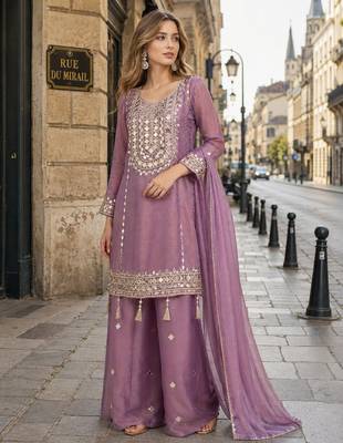 lavender simmar silk blend   free size stitched plazzo suit with embroidery & mirror work 1