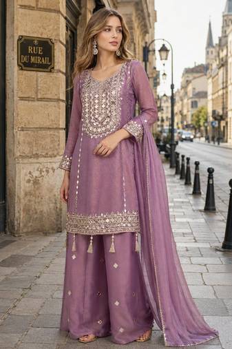 lavender simmar silk blend   free size stitched plazzo suit with embroidery & mirror work