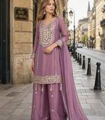 lavender simmar silk blend   free size stitched plazzo suit with embroidery & mirror work