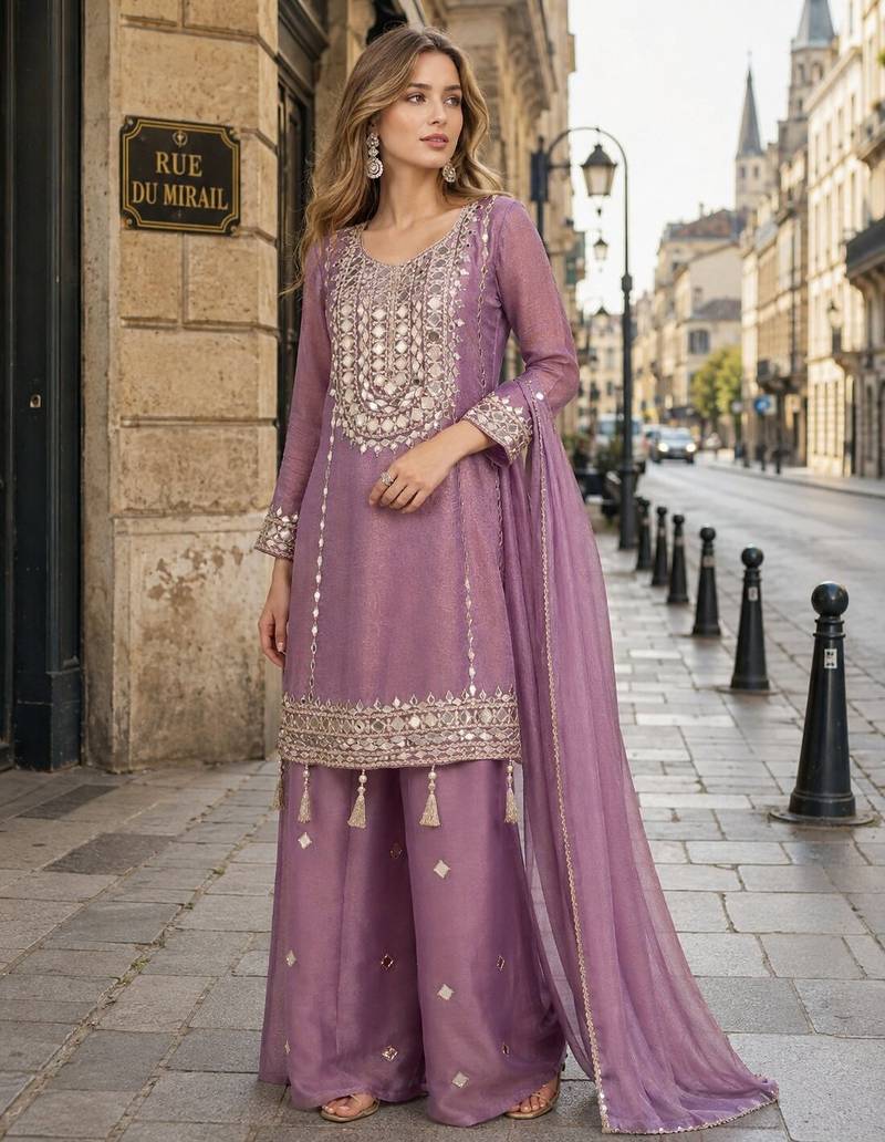 lavender simmar silk blend   free size stitched plazzo suit with embroidery & mirror work