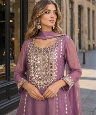 lavender simmar silk blend   free size stitched plazzo suit with embroidery & mirror work 2