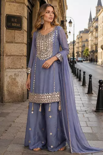 blue simmar silk blend   free size stitched plazzo suit with embroidery & mirror work
