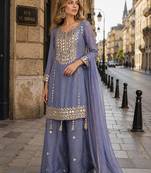 blue simmar silk blend   free size stitched plazzo suit with embroidery & mirror work