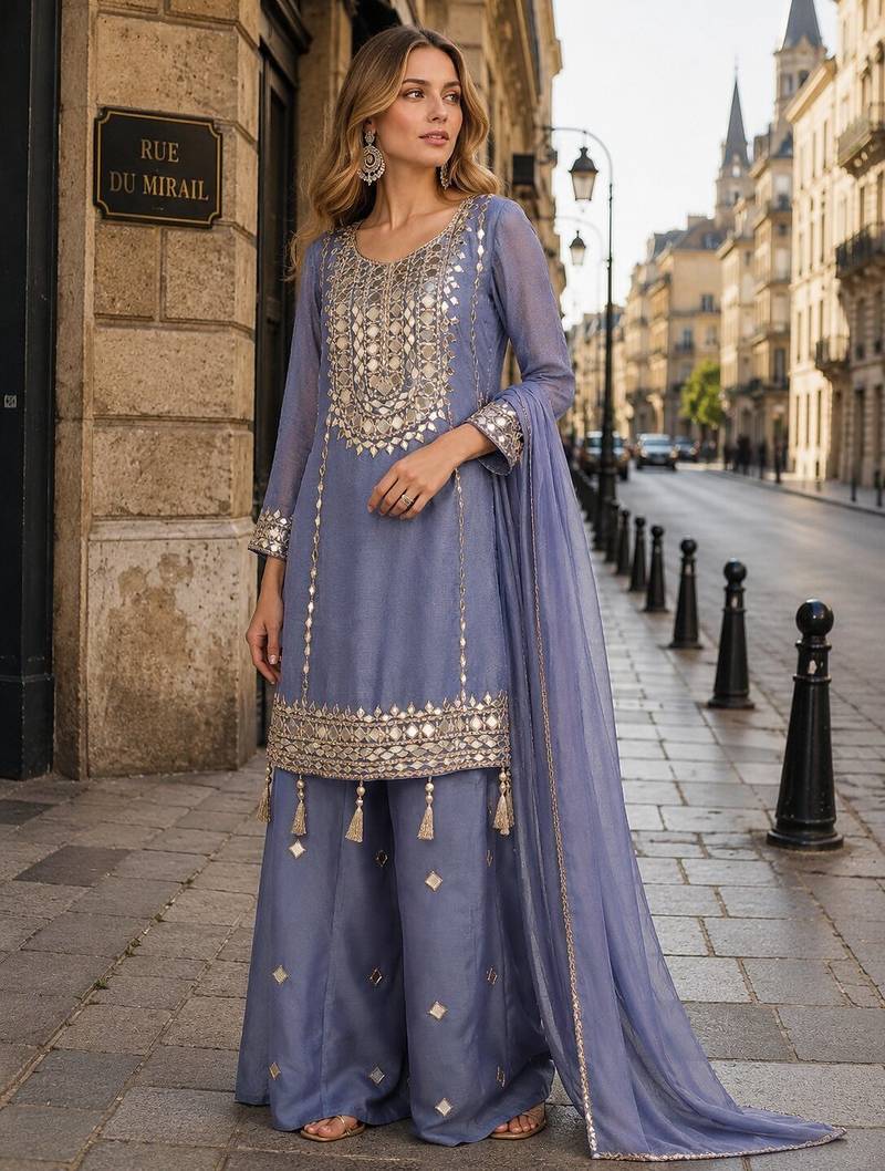 blue simmar silk blend   free size stitched plazzo suit with embroidery & mirror work