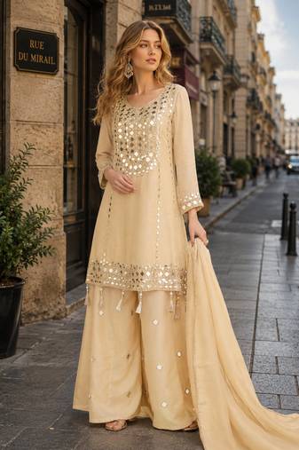 beige simmar silk blend   free size stitched plazzo suit with embroidery & mirror work