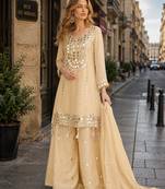beige simmar silk blend   free size stitched plazzo suit with embroidery & mirror work