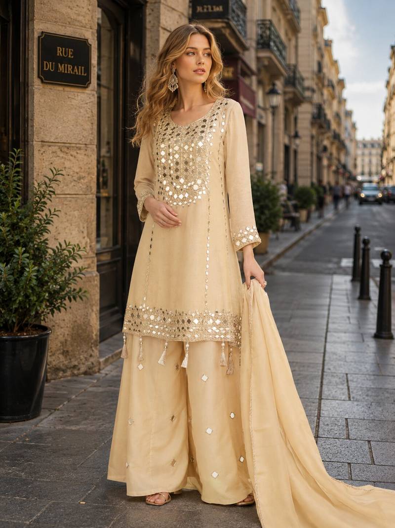 beige simmar silk blend   free size stitched plazzo suit with embroidery & mirror work