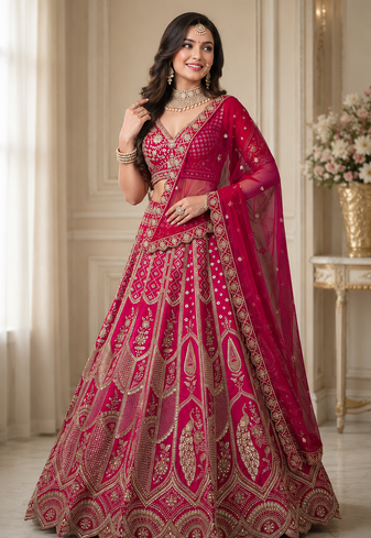 pink color Zari Work Dori Embroidered Metalic SequinsCrystal work silk blend lehenga choli set