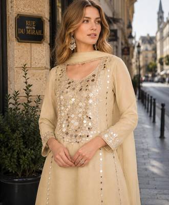 beige simmar silk blend   free size stitched plazzo suit with embroidery & mirror work 2
