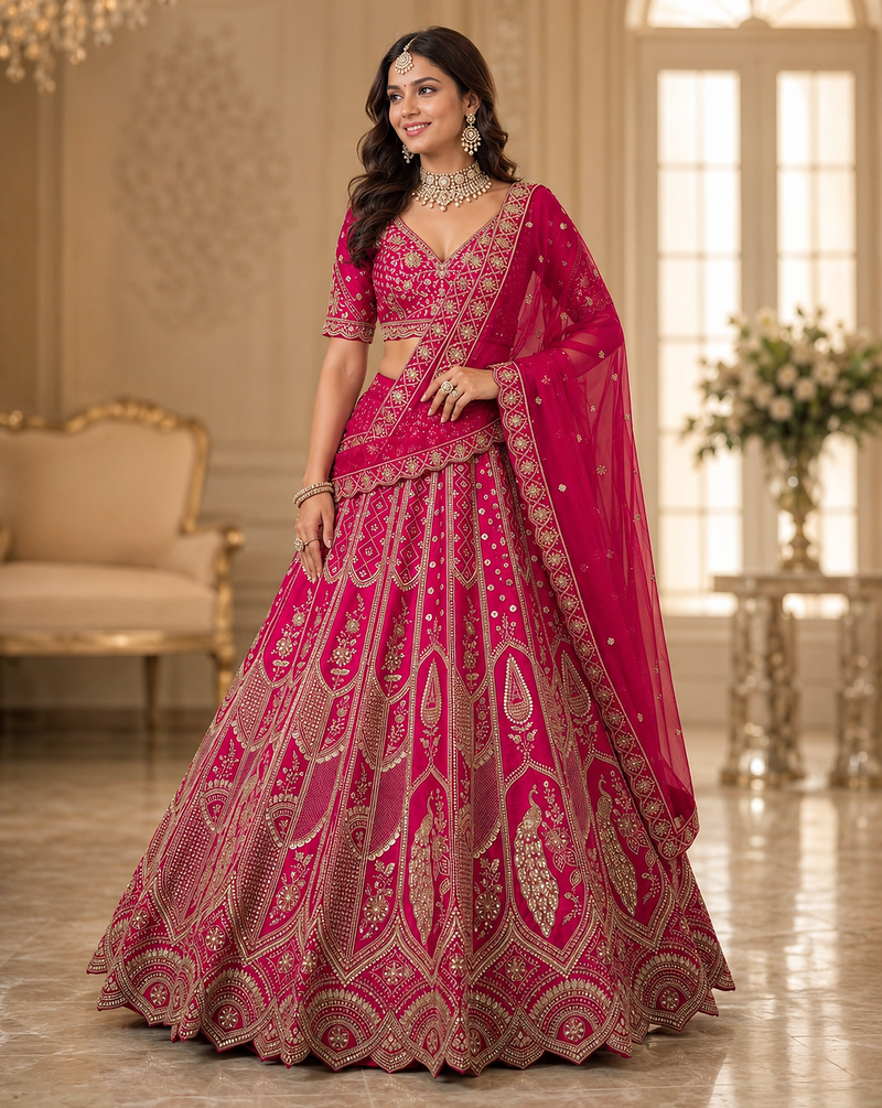 pink color Zari Work Dori Embroidered Metalic SequinsCrystal work silk blend lehenga choli set