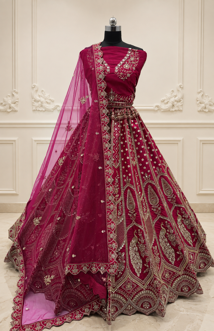 pink color Zari Work Dori Embroidered Metalic SequinsCrystal work silk blend lehenga choli set
