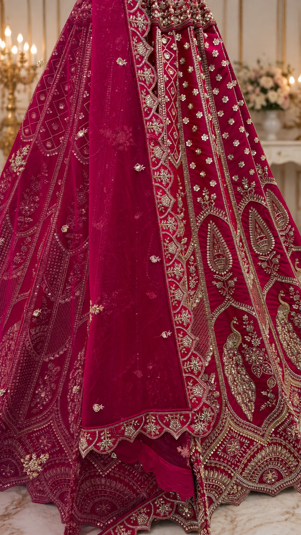 pink color Zari Work Dori Embroidered Metalic SequinsCrystal work silk blend lehenga choli set