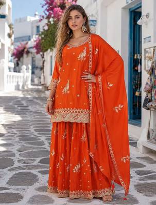 orange chinon semi stitched suit with embroidery & sequence work 1
