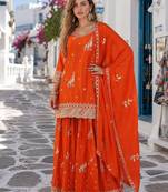 orange chinon semi stitched suit with embroidery & sequence work
