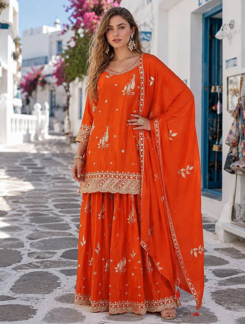 orange chinon semi stitched suit with embroidery & sequence work