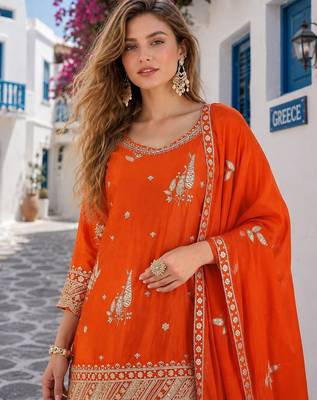 orange chinon semi stitched suit with embroidery & sequence work 2