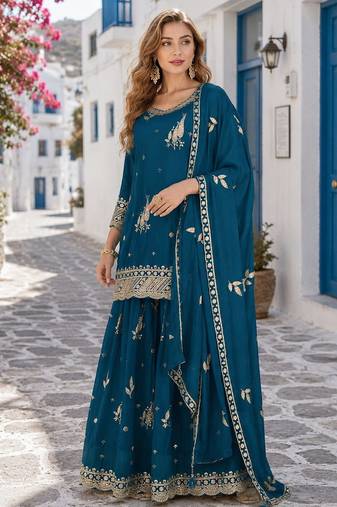teal chinon semi stitched suit with embroidery & sequence work