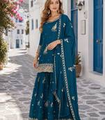 teal chinon semi stitched suit with embroidery & sequence work