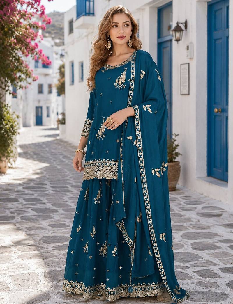 teal chinon semi stitched suit with embroidery & sequence work