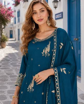 teal chinon semi stitched suit with embroidery & sequence work 2