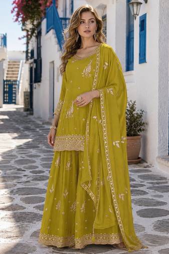 mustard chinon semi stitched suit with embroidery & sequence work